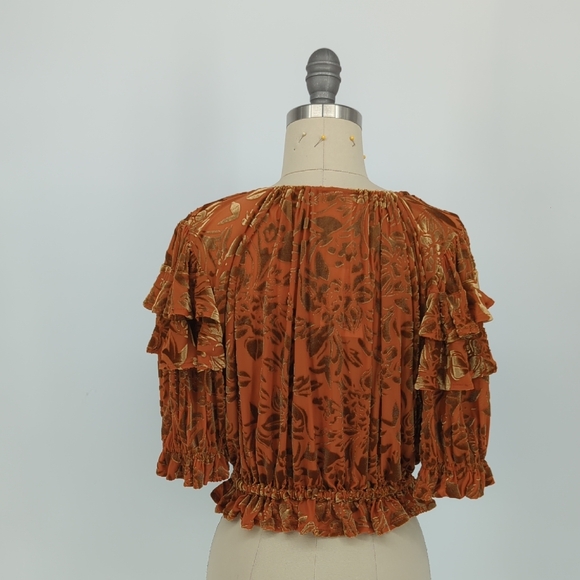 00263 Free People Floral Velvet Cropped Blouse Top Orange size XSmall bohemian - Picture 2 of 6